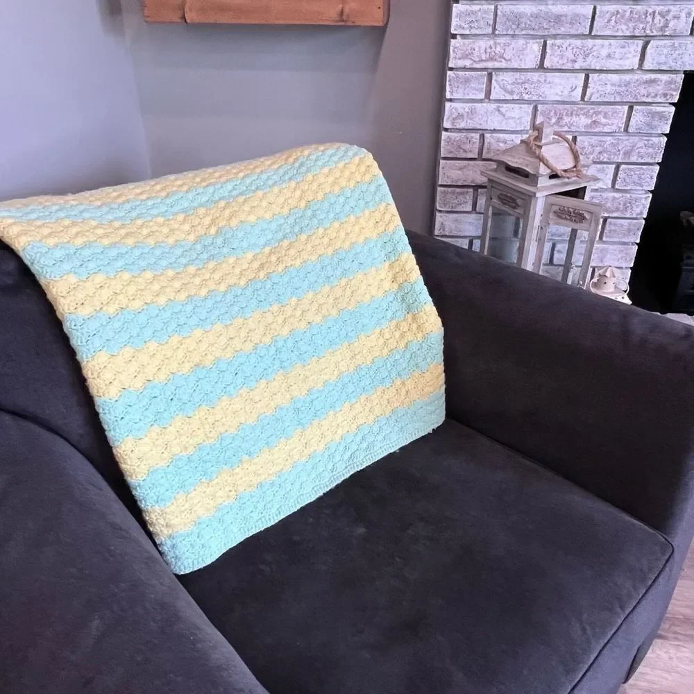 Vintage Handmade Mint Green & Yellow stripe afghan lap‎ blanket throw camp
